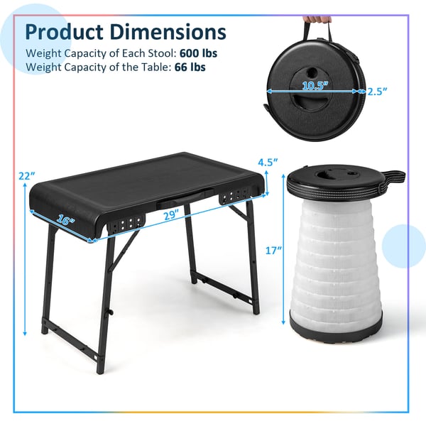Camping Bord Skammel Sæt, 74×41×56 cm, Sort