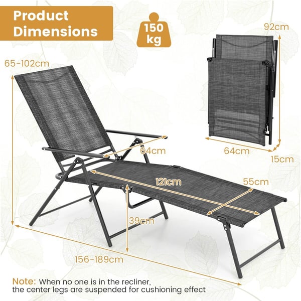 Patio Folding Chaise Lounge -tuolit, 394×480 cmcm x 64×165×259 cmcm, Harmaa