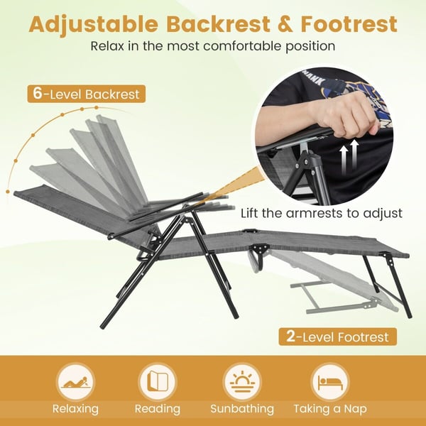 Patio Folding Chaise Lounge -tuolit, 394×480 cmcm x 64×165×259 cmcm, Harmaa
