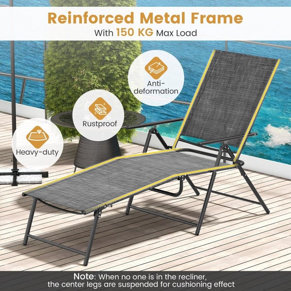 Patio Folding Chaise Lounge -tuolit, 394×480 cmcm x 64×165×259 cmcm, Harmaa