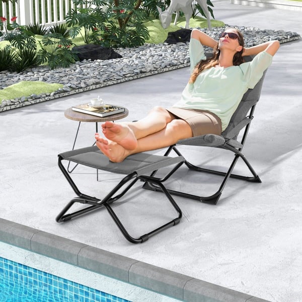 Patio Folding Sling Chair with Ottoman, 121×61×17 cm, Harmaa