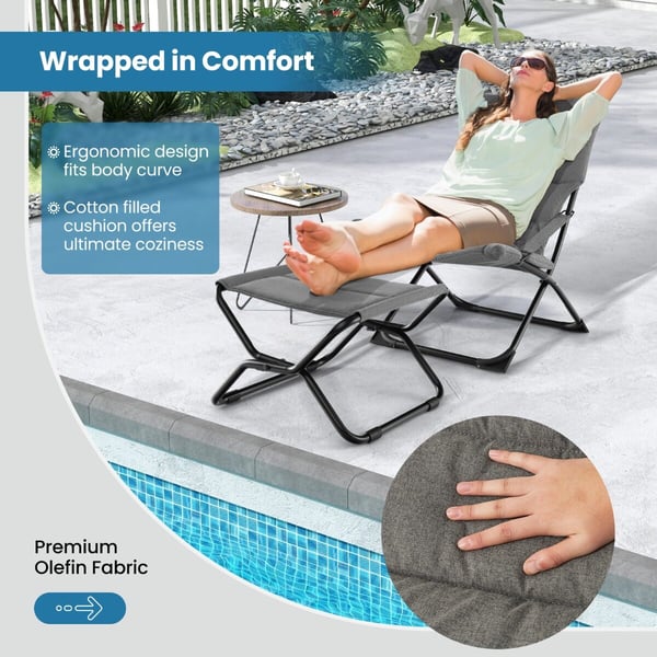 Patio Folding Sling Chair with Ottoman, 121×61×17 cm, Harmaa