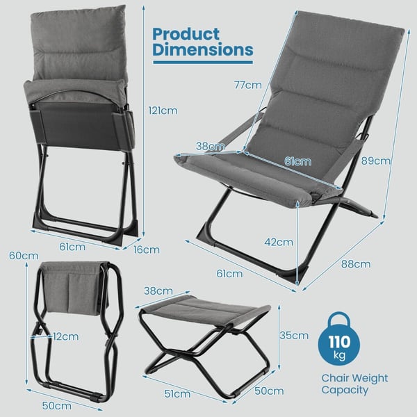 Patio Folding Sling Chair with Ottoman, 121×61×17 cm, Harmaa