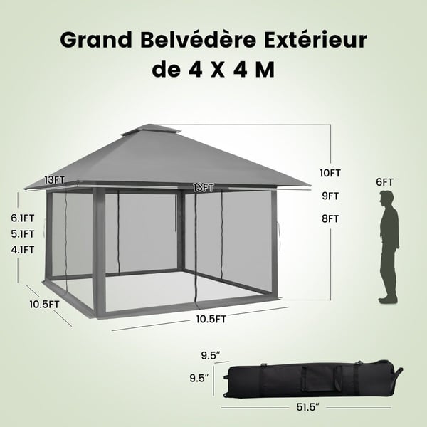 Havepavillon, 400x400x245-305 cm, Grå
