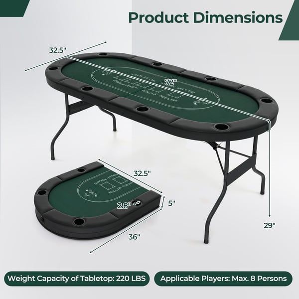 Pokerbord, 1,8m Foldbart Pokerbord til Blackjack Texas Hold’em Casino Fritidsspil, 182x82x75 cm, Grøn