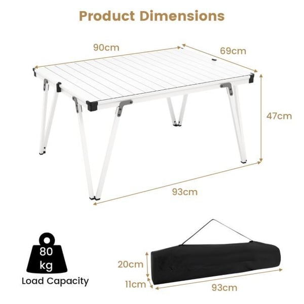 Campingbord, 93x70x48 cm, Sølv