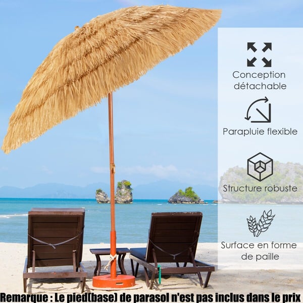 Parasol, 2M PP-strå Tiltende Parasol med Sandsokkel Hawaiiansk Stylet Stråtag 2 Aftagelige Dele, 200x175x160 cm, Naturlig , Star