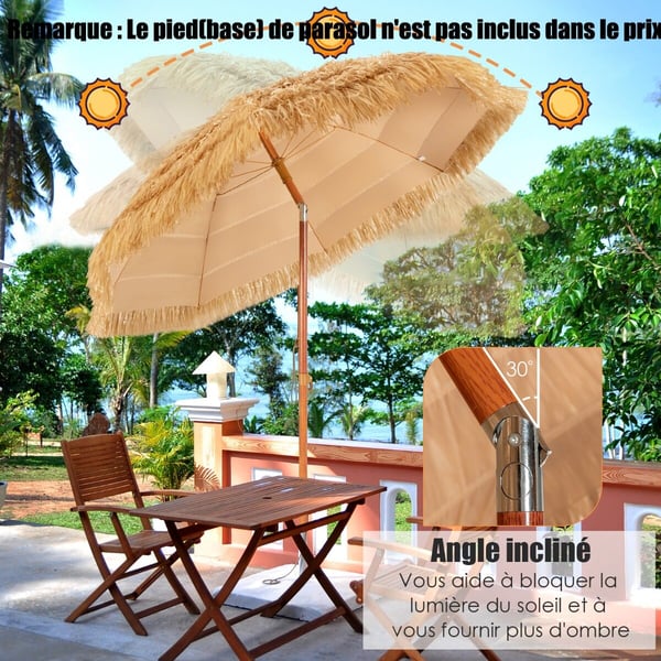 Parasol, 2M PP-strå Tiltende Parasol med Sandsokkel Hawaiiansk Stylet Stråtag 2 Aftagelige Dele, 200x175x160 cm, Naturlig , Star