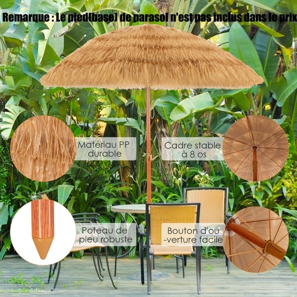 Parasol, 2M PP-strå Tiltende Parasol med Sandsokkel Hawaiiansk Stylet Stråtag 2 Aftagelige Dele, 200x175x160 cm, Naturlig , Star
