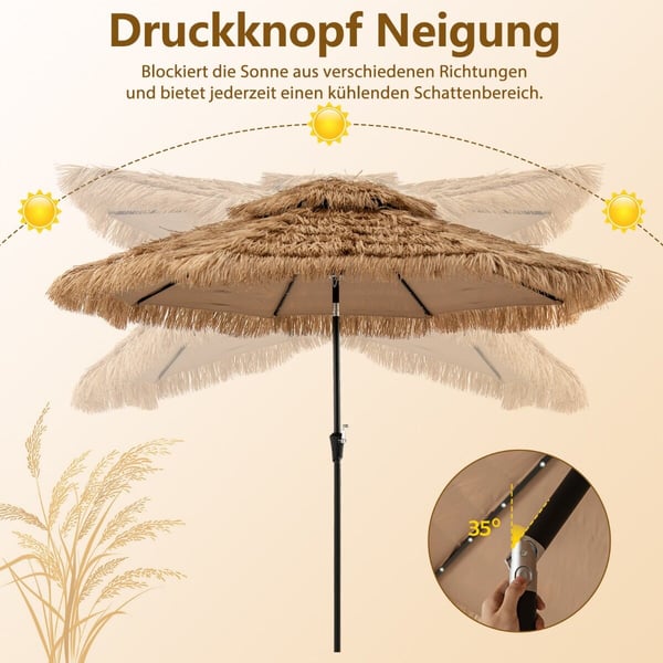 Aurinkovarjo, Hawaii, 300 cm, olkikatos, LED-aurinkovalaistuksella ja kaksinkertaisella katolla, 313x251 cm, luonnonmusta Aurinkovarjo, Hawaii, 300 cm, olkikatos, LED-aurinkovalaistuksella ja kaksinkertaisella katolla, 313x251 cm, luonnonmusta