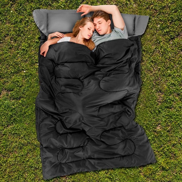 Sovepose, 2 Personers Vandtæt Sovepose med 2 Puder, 220x150x10 cm, Sort/Blå