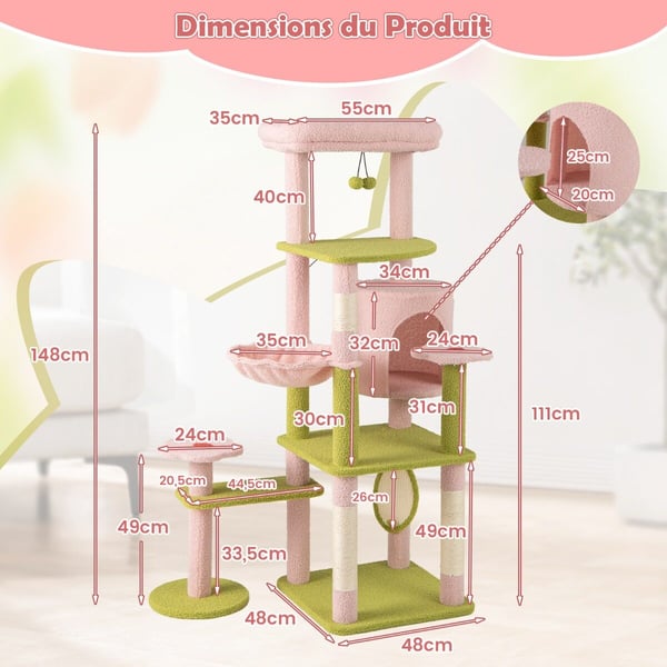 Katte træ, 58 høj multi-level æstetisk blomstrende killinge tårn, 89×48×147 cm, pink