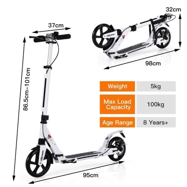 Sparkcykel, 95x37x86.5-101 cm, Hvid