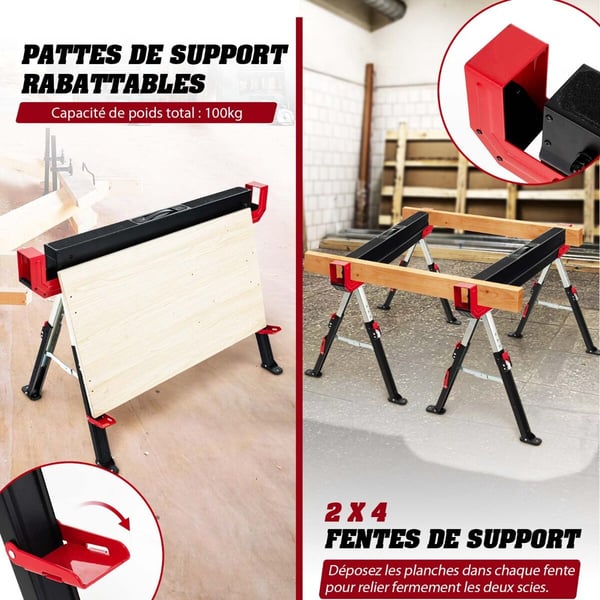 Taitettavat sahapukit, 109×52 cm-69×61 cm-32,5 tuumaa, punainen