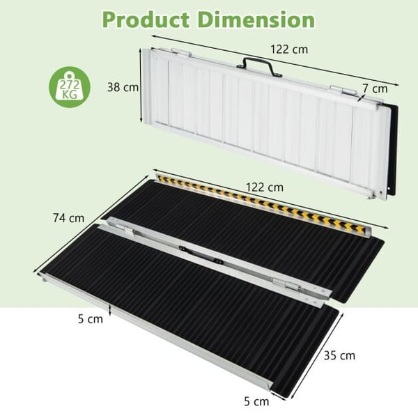 Kørestolsrampe, bærbar aluminiumsrampe med overgangsplade-4FT, Sølv Sort