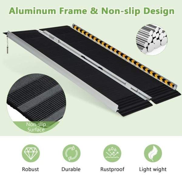 Kørestolsrampe, bærbar aluminiumsrampe med overgangsplade-4FT, Sølv Sort