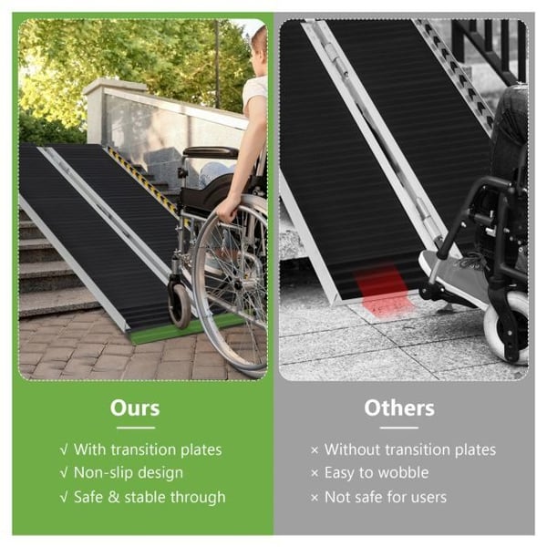 Kørestolsrampe, bærbar aluminiumsrampe med overgangsplade-4FT, Sølv Sort