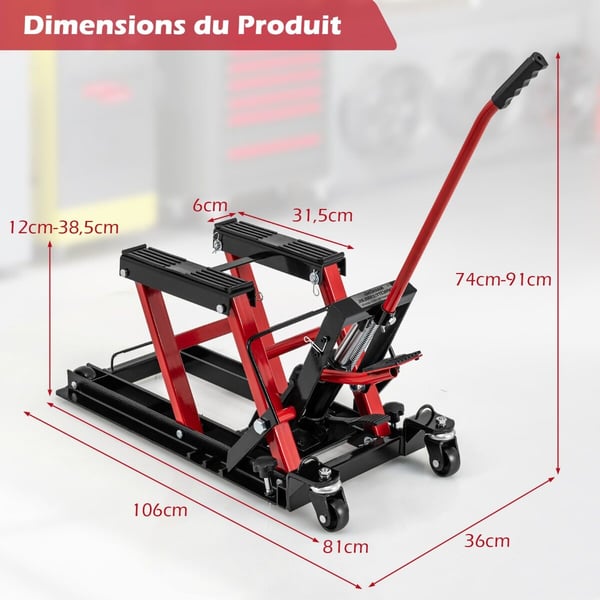Moottoripyörän hydraulinen nostin, 106x36x74-91 cm, musta ja punainen