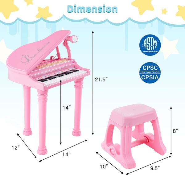 Børneklaver Keyboard, 31 tangenter, 36×30×55 cm, Pink