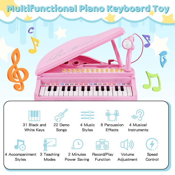 Børneklaver Keyboard, 31 tangenter, 36×30×55 cm, Pink