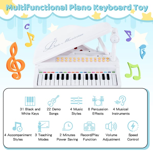 Børneklaver Keyboard, 31 taster, 36×30×55 cm, Hvid