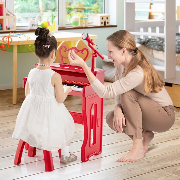 Børneklaver Keyboard, 37 Tangenter Musikklaver med Mikrofon, 40x22.5x49 cm, Rød