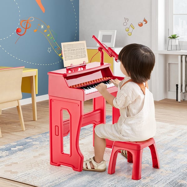 Børneklaver Keyboard, 37 Tangenter Musikklaver med Mikrofon, 40x22.5x49 cm, Rød