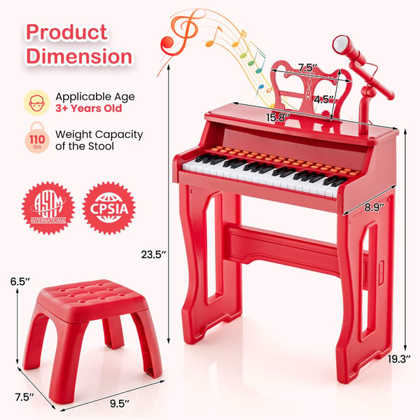 Børneklaver Keyboard, 37 Tangenter Musikklaver med Mikrofon, 40x22.5x49 cm, Rød