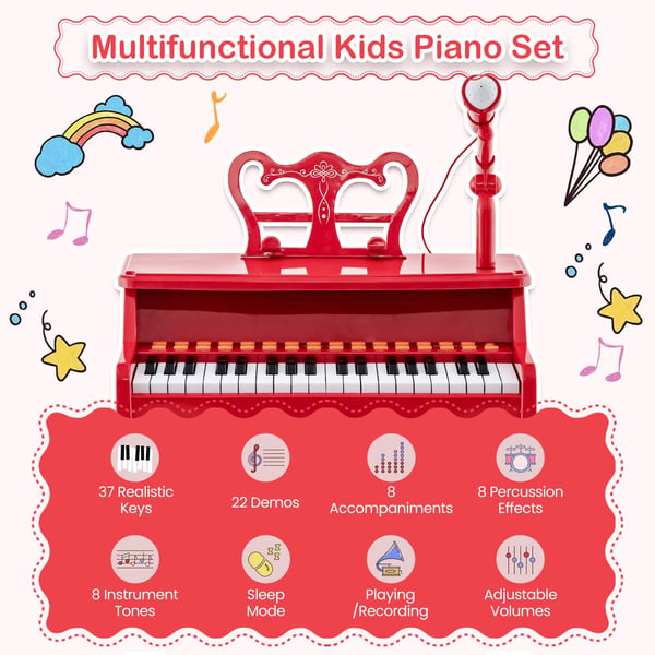 Børneklaver Keyboard, 37 Tangenter Musikklaver med Mikrofon, 40x22.5x49 cm, Rød
