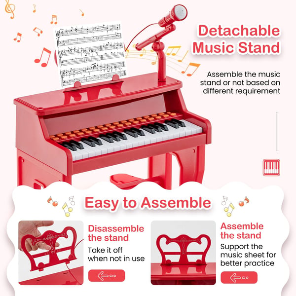 Børneklaver Keyboard, 37 Tangenter Musikklaver med Mikrofon, 40x22.5x49 cm, Rød