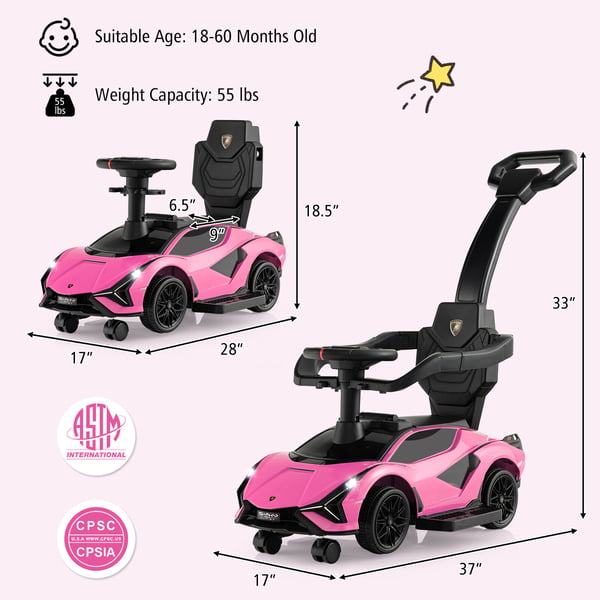 Gålegetøj Klapvogn, Licenst Lamborghini, 37x17x33 cm, Lyserød
