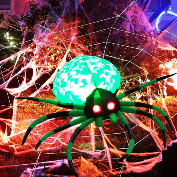 Halloween dekoration, oppustelig edderkop med spindelvæv, 153x92x100 cm, rød/grøn/hvid