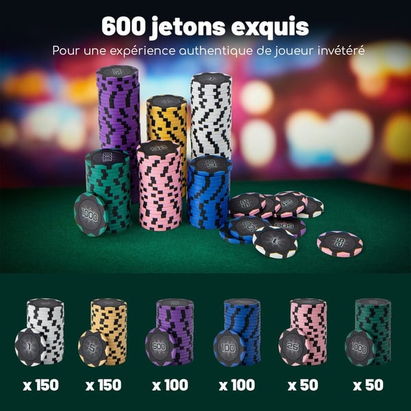Pokerchipssæt, 600 stk. Pokerchips 14 gram Claytec-chips med bæretaske, 50×36×15 cm, sort