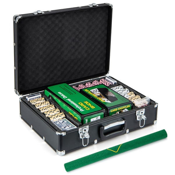 Pokerchipssæt, 600 stk. Pokerchips 14 gram Claytec-chips med bæretaske, 50×36×15 cm, sort