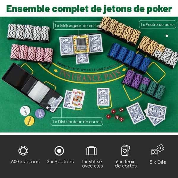 Pokerchipssæt, 600 stk. Pokerchips 14 gram Claytec-chips med bæretaske, 50×36×15 cm, sort