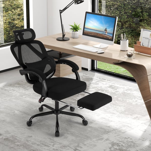 Toimistotuoli, ergonominen korkea selkänoja verkkotuoli, jossa esiinvedettävä jalkatuki, 70x70x114-122 cm, musta