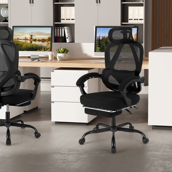 Toimistotuoli, ergonominen korkea selkänoja verkkotuoli, jossa esiinvedettävä jalkatuki, 70x70x114-122 cm, musta
