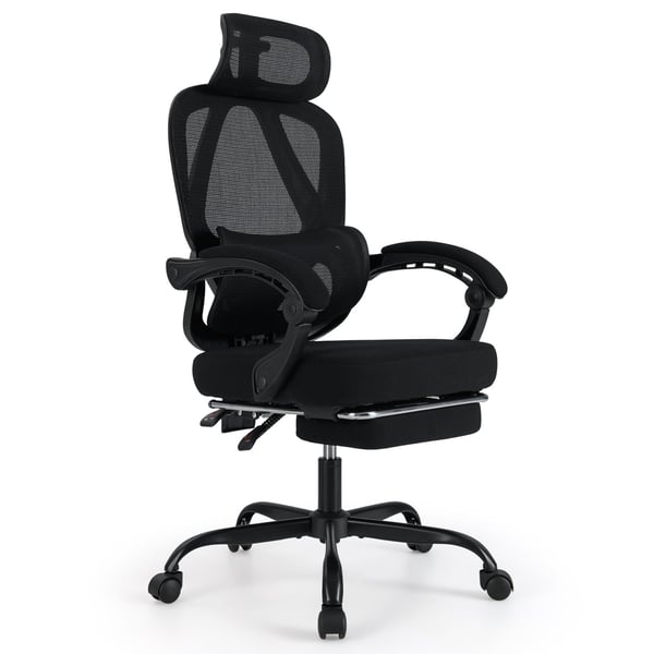Toimistotuoli, ergonominen korkea selkänoja verkkotuoli, jossa esiinvedettävä jalkatuki, 70x70x114-122 cm, musta