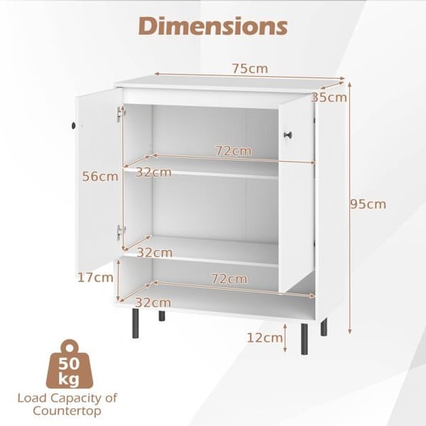 Sideboard Buffet Skab, 75x35x95 cm, Hvid