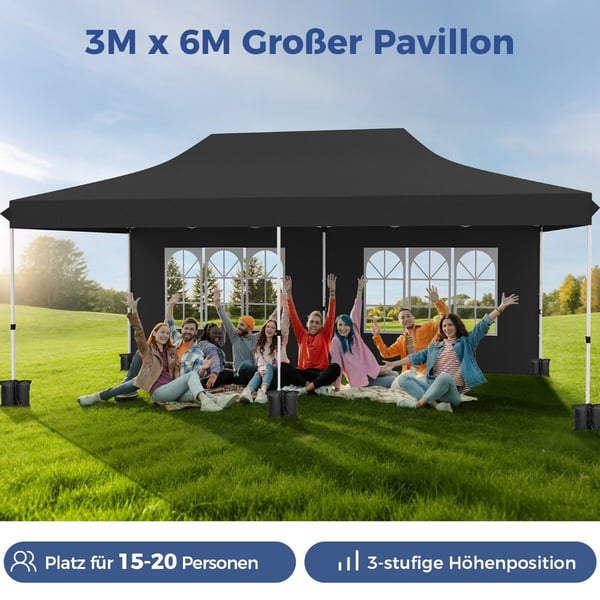 Pop Up Pavillon, 600x300x296-316 cm, Sort