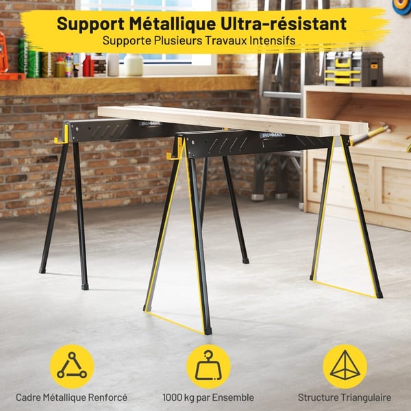 Taitettavat metalliset sahapukit, 94x47x74 cm, Musta
