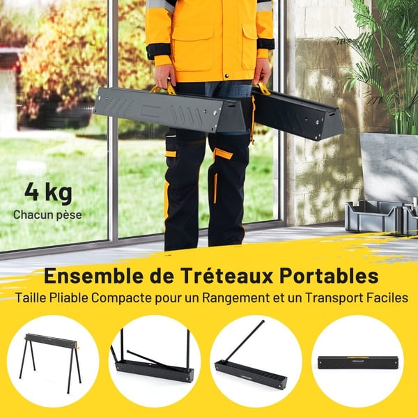 Taitettavat metalliset sahapukit, 94x47x74 cm, Musta