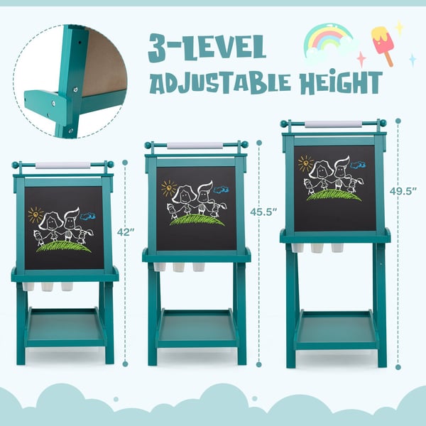 Kunstnerstaffeli, 3-i-1 Foldbar Dobbeltsidet med Kridttavle og Whiteboard, 55x66x106/116/126 cm, Grøn