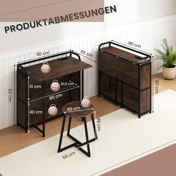 Sammenklappeligt skrivebord og skammel sæt, 90x55x83 cm, rustik brun