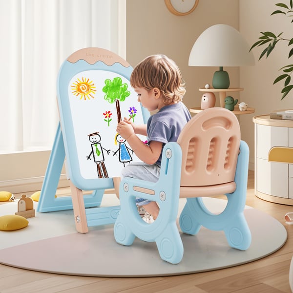 Børne Staffeli med Stol, 53x42x73-86 cm, Blå Pcmk