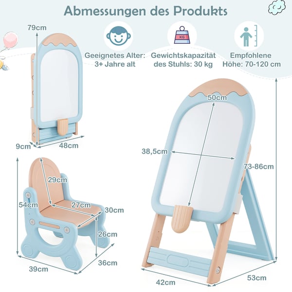 Børne Staffeli med Stol, 53x42x73-86 cm, Blå Pcmk