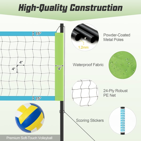 Volleyballnet sæt, 9,75x0,9 m, blå grøn gul