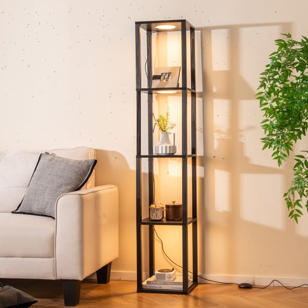 Gulvlampe med hylder, 4-niveau, sort