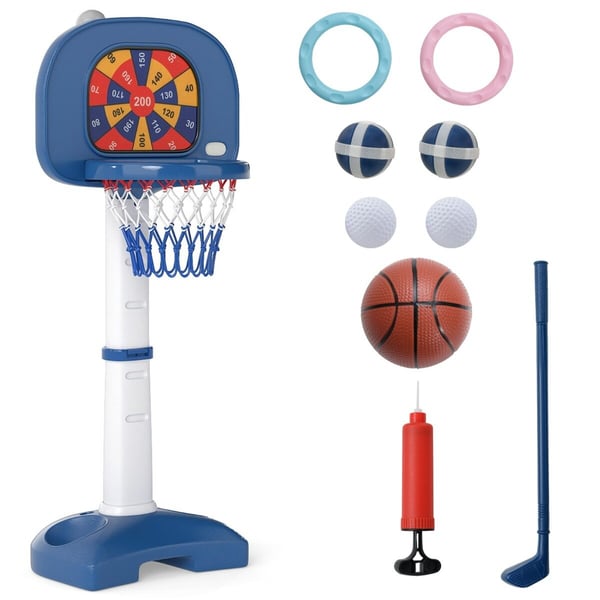 Justerbart rcmgkastespil, 4-i-1 børne basketballkurv, 111-146 cm, hvid og blå