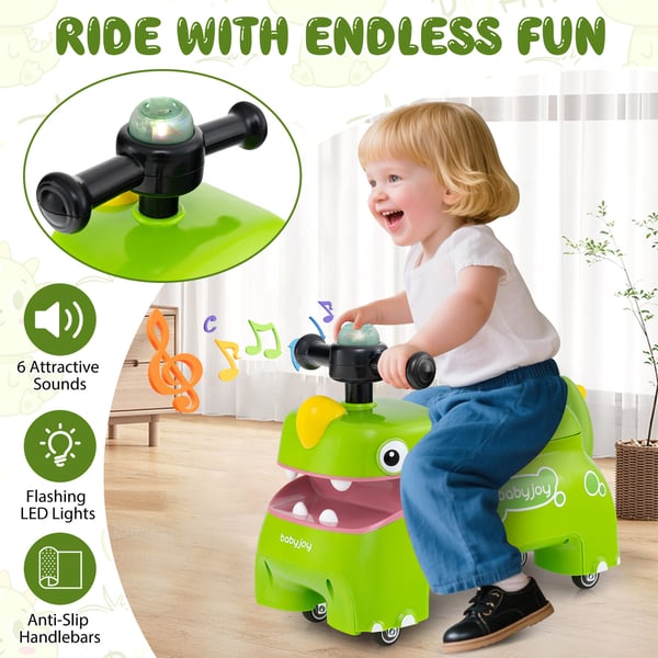 Potkuauto taaperoille, dinosaurus, vihreä, musiikki ja valot
